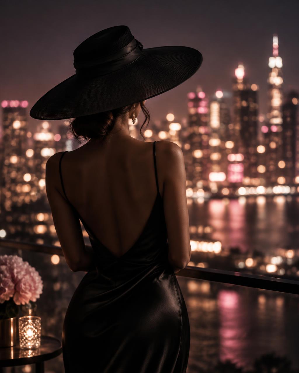A woman in a black silk dress and wide-brim hat, seen from behind, overlooking city lights